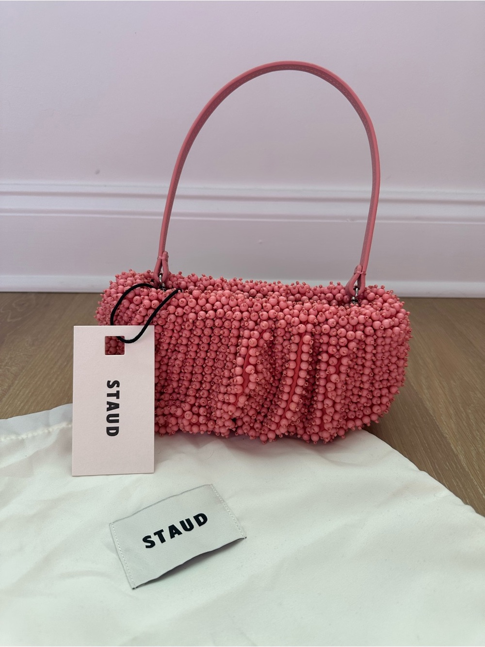 Staud Beaded Bean Bag In Geranium Pink Small Shoulder Bag Clutch Bead Purse - Picture 4 of 8
